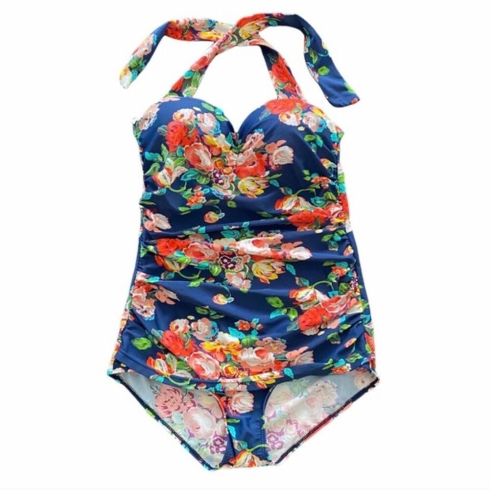 Ebuddy Blue Floral Ruched Halter One Piece Swimsuit NWOT M